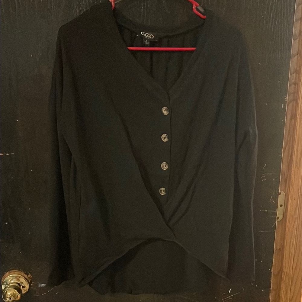 Black Button Down Shirt with Notched Collar and Wrap Design